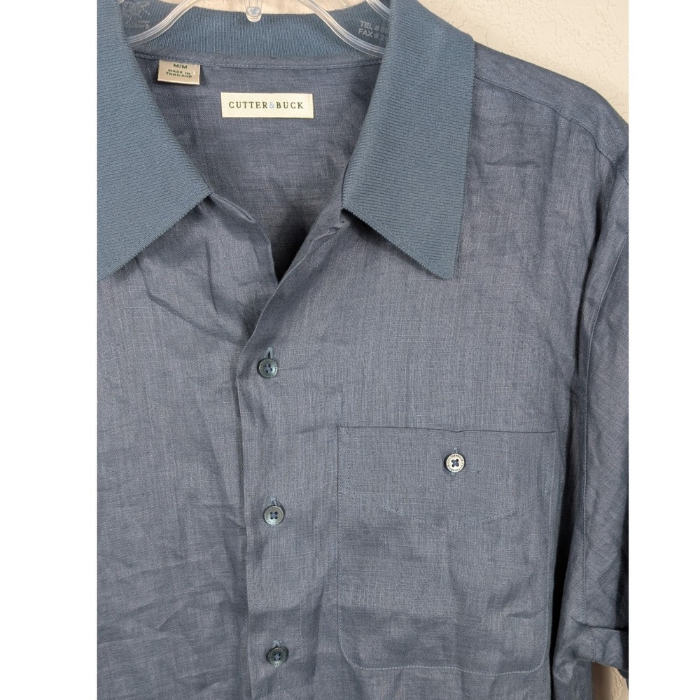 Cutter & Buck Mens Shirt Medium Blue Linen Short Sleeve Button Down LB 10305